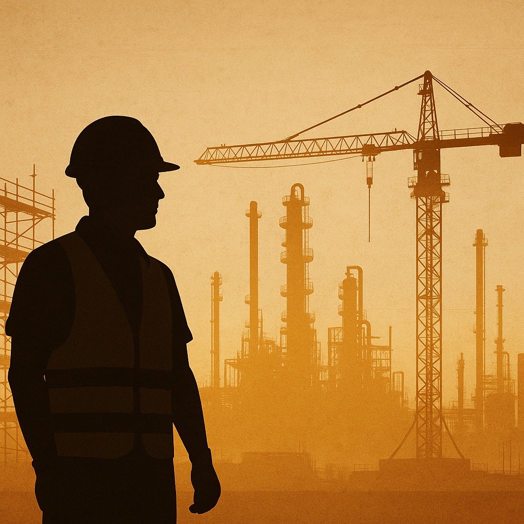 Illustrazione di operaio in stabilimento industriale